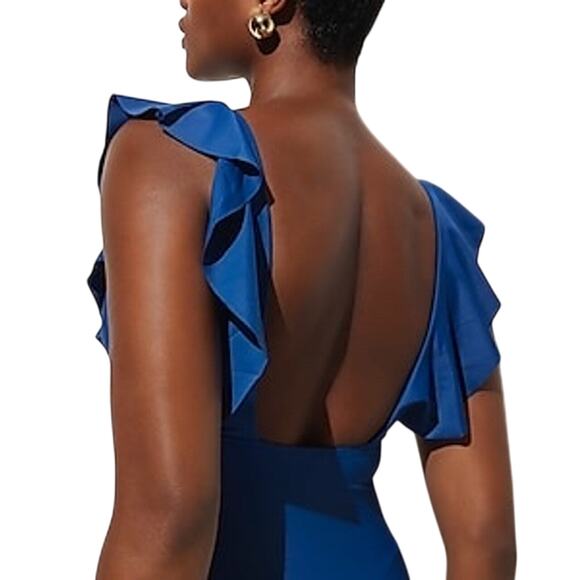 NWT J.Crew Blue Ruched Ruffle V-Neck One Piece Swimsuit Women’s 24 - Picture 3 of 6